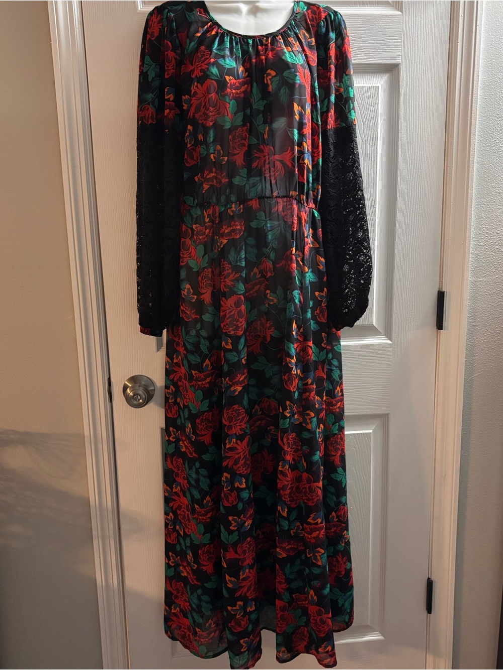 torrid Black Maxi Dress with Red Floral & Green Leaves